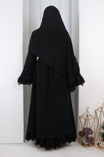 Fırfır Taşlı Şallı Elbise 7014 Siyah - 3