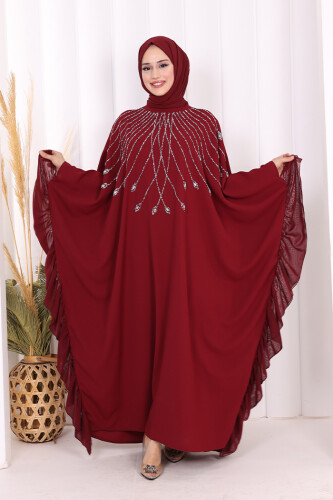 Fırfırlı Taş Detaylı Elbise 3936 Bordo - 2