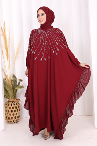 Fırfırlı Taş Detaylı Elbise 3936 Bordo - 3