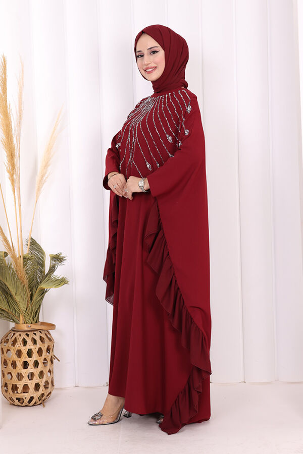Fırfırlı Taş Detaylı Elbise 3936 Bordo - 4