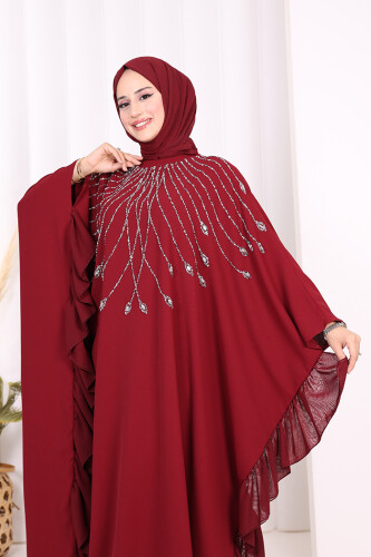 Fırfırlı Taş Detaylı Elbise 3936 Bordo - 6
