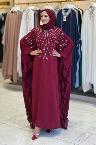 Fırfırlı Taş Detaylı Elbise 3936 Bordo - Bym Fashion