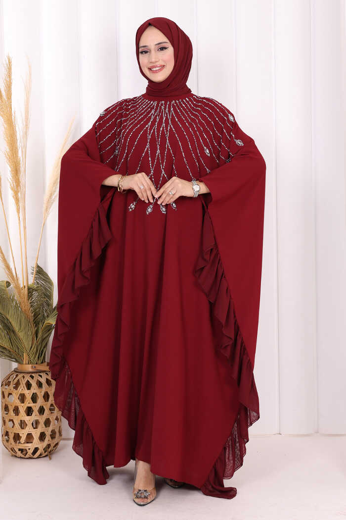 Fırfırlı Taş Detaylı Elbise 3936 Bordo