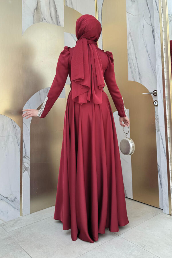 Fırfırlı Taş Detaylı Kemer Aksesuarlı Saten Abiye Elbise 1155 Bordo - 2
