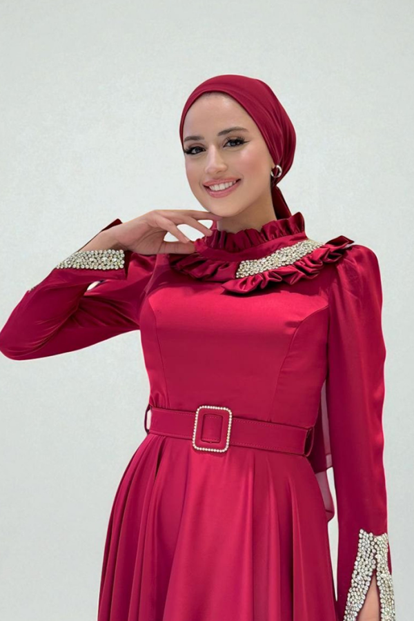 Fırfırlı Taş Detaylı Kemer Aksesuarlı Saten Abiye Elbise 1155 Bordo - 5