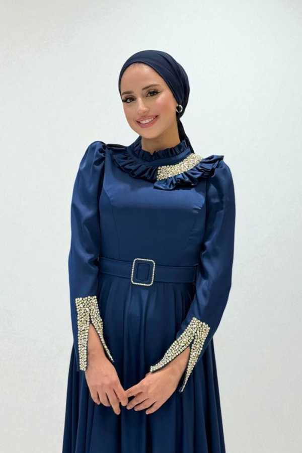 Fırfırlı Taş Detaylı Kemer Aksesuarlı Saten Abiye Elbise 1155 Lacivert - 4