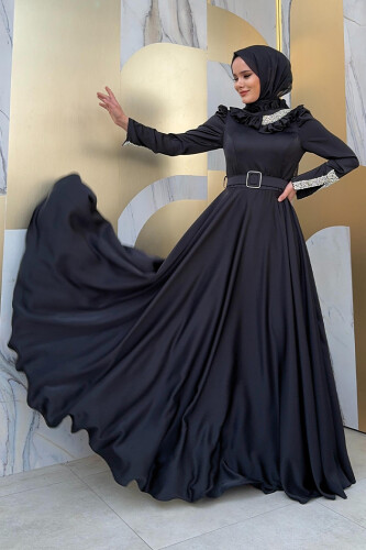 Fırfırlı Taş Detaylı Kemer Aksesuarlı Saten Abiye Elbise 1155 Siyah - 1