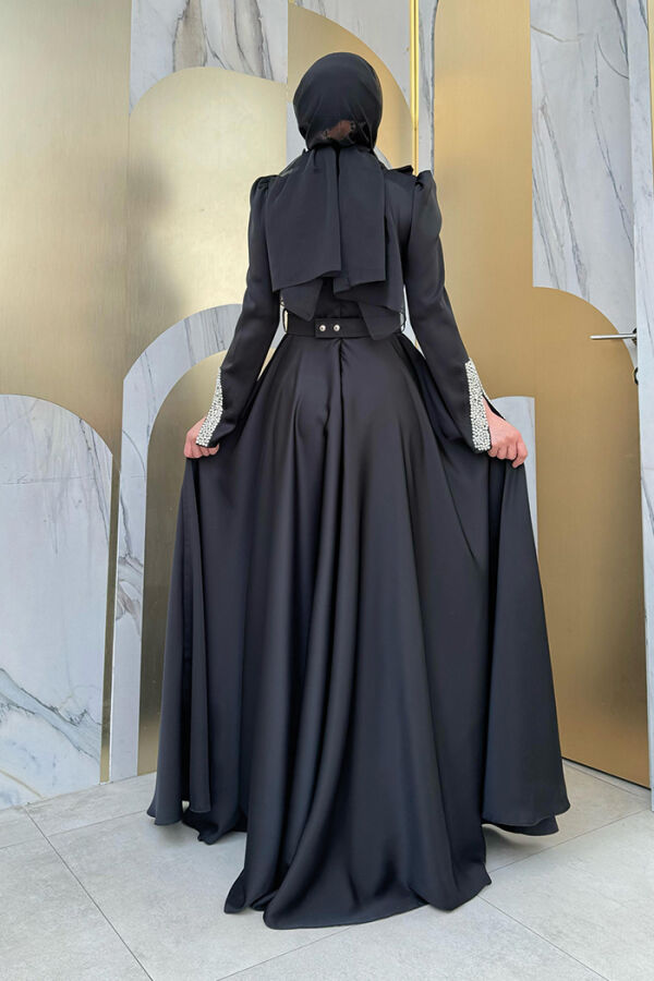 Fırfırlı Taş Detaylı Kemer Aksesuarlı Saten Abiye Elbise 1155 Siyah - 2