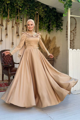 Fırfırlı Taş Detaylı Kemer Aksesuarlı Saten Abiye Elbise 1155 Taş - Bym Fashion