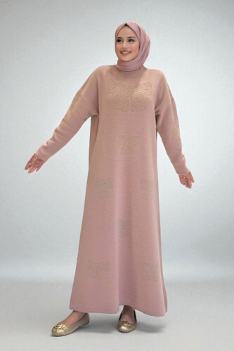 Fiyonk Desenli Triko Elbise 18208 Pudra - Bym Fashion