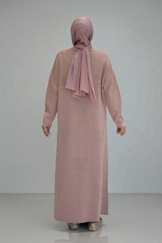 Fiyonk Desenli Triko Elbise 18208 Pudra - 2