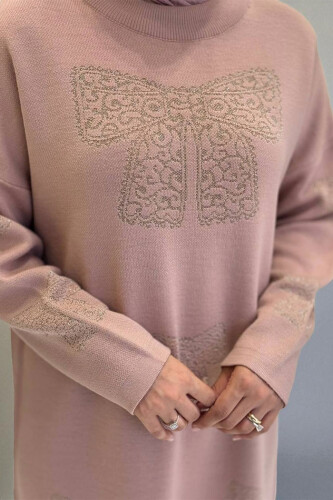 Fiyonk Desenli Triko Elbise 18208 Pudra - 4
