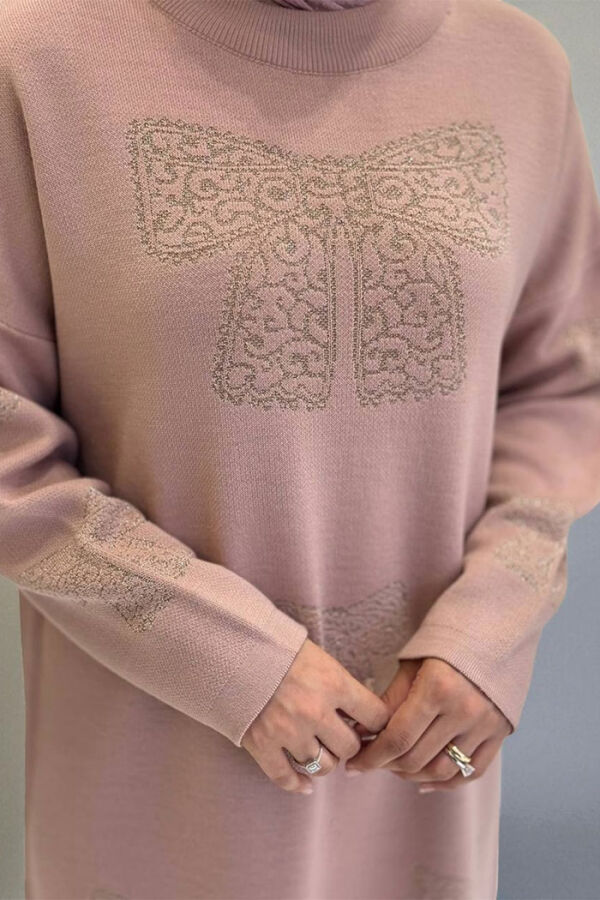 Fiyonk Desenli Triko Elbise 18208 Pudra - 4