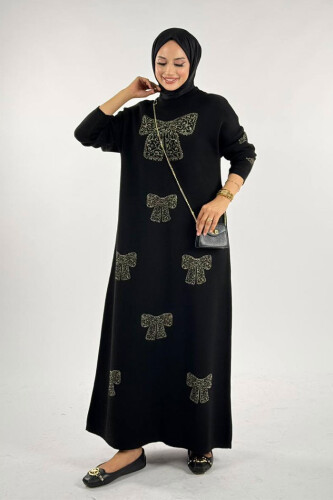 Fiyonk Desenli Triko Elbise 18208 Siyah-Gold 