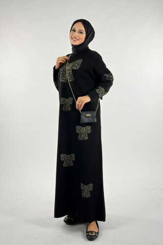 Fiyonk Desenli Triko Elbise 18208 Siyah-Gold - 3