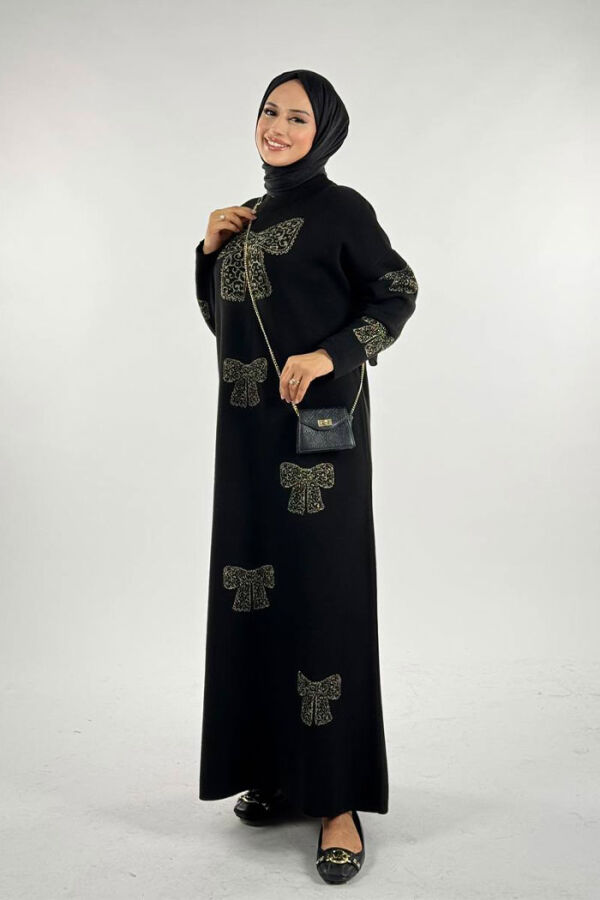 Fiyonk Desenli Triko Elbise 18208 Siyah-Gold - 3