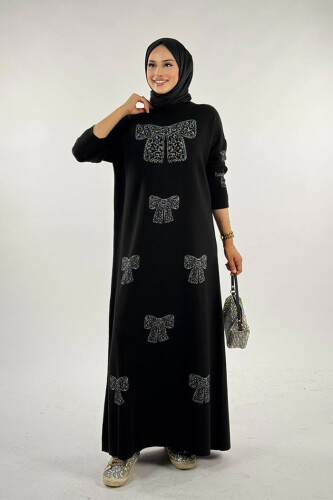 Fiyonk Desenli Triko Elbise 18208 Siyah-Gümüş - Bym Fashion