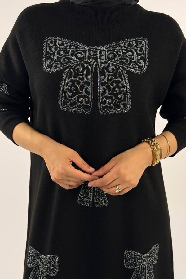 Fiyonk Desenli Triko Elbise 18208 Siyah-Gümüş - 4