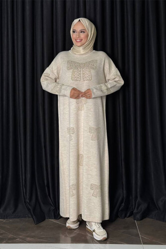 Fiyonk Desenli Triko Elbise 18208 Taş - Bym Fashion