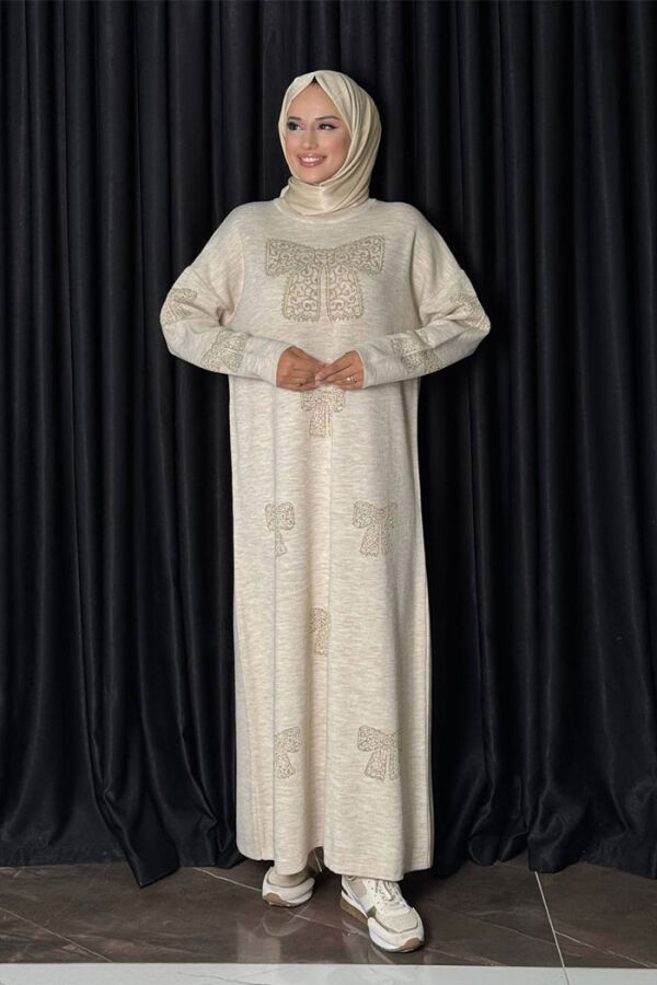 Fiyonk Desenli Triko Elbise 18208 Taş - 1