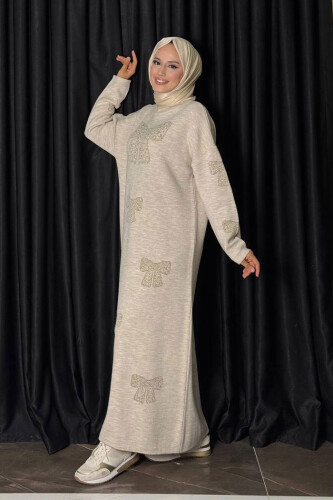 Fiyonk Desenli Triko Elbise 18208 Taş - 3