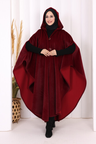 Foks Kumaş Kapşonlu Panço 70130 Bordo