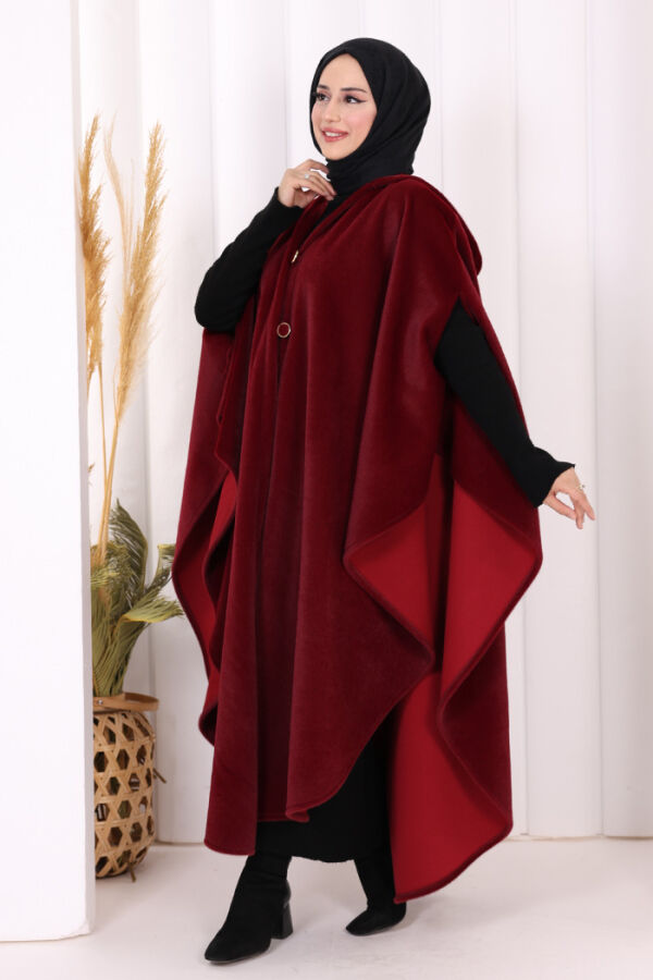 Foks Kumaş Kapşonlu Panço 70130 Bordo - 3