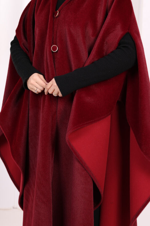 Foks Kumaş Kapşonlu Panço 70130 Bordo - 5