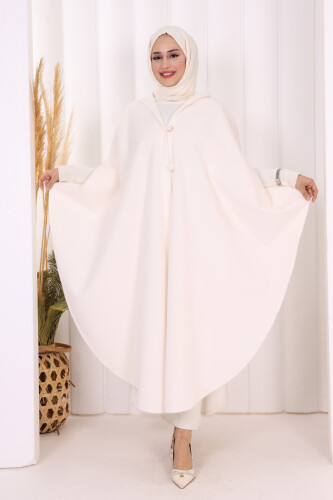 Foks Kumaş Kapşonlu Panço 70130 Ekru