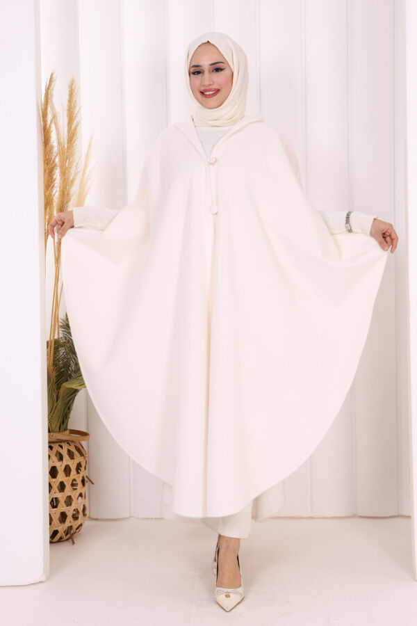 Foks Kumaş Kapşonlu Panço 70130 Ekru - 1