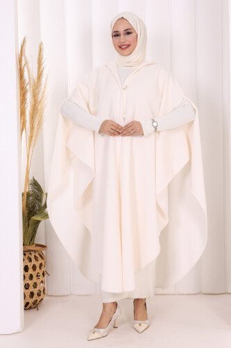 Foks Kumaş Kapşonlu Panço 70130 Ekru - 2