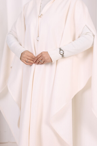 Foks Kumaş Kapşonlu Panço 70130 Ekru - 7