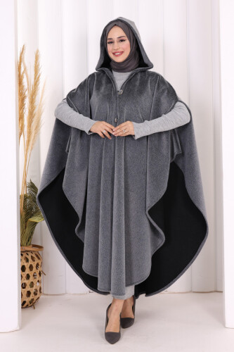 Foks Kumaş Kapşonlu Panço 70130 Gri