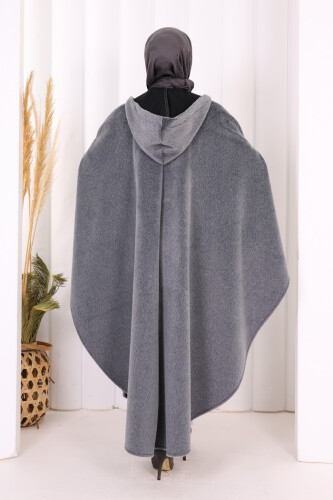 Foks Kumaş Kapşonlu Panço 70130 Gri - 3