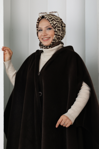 Foks Kumaş Kapşonlu Panço 70130 Kahverengi - 5