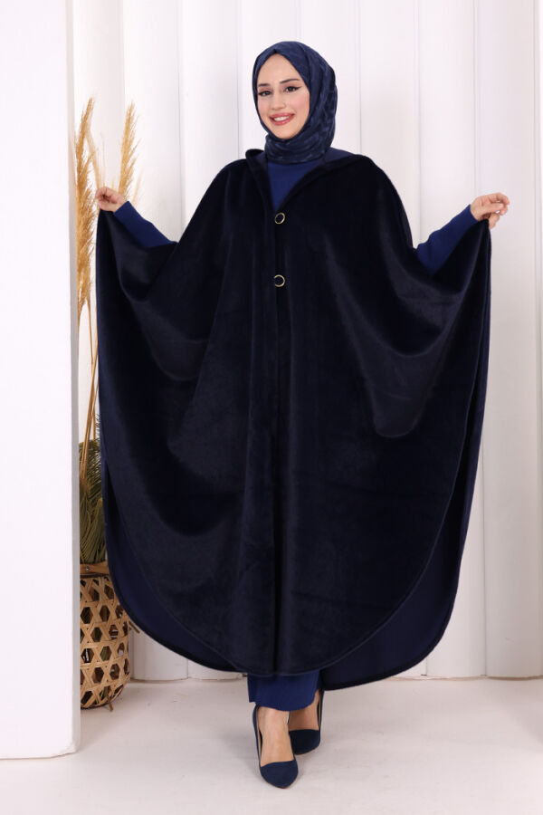 Foks Kumaş Kapşonlu Panço 70130 Lacivert - 1