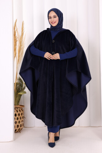 Foks Kumaş Kapşonlu Panço 70130 Lacivert - 2