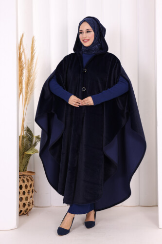 Foks Kumaş Kapşonlu Panço 70130 Lacivert - 5