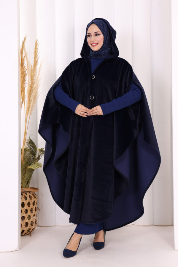 Foks Kumaş Kapşonlu Panço 70130 Lacivert - 5