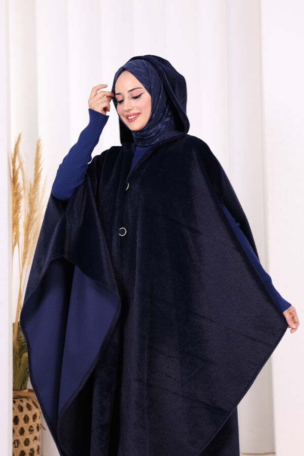 Foks Kumaş Kapşonlu Panço 70130 Lacivert - 6