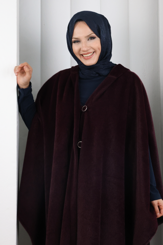 Foks Kumaş Kapşonlu Panço 70130 Mürdüm - 4