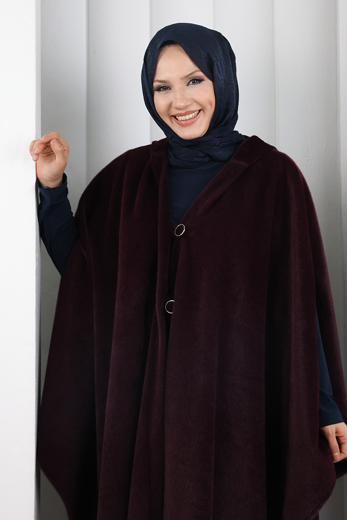 Foks Kumaş Kapşonlu Panço 70130 Mürdüm - 4