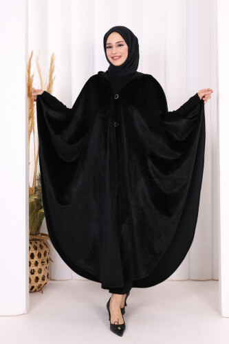 Foks Kumaş Kapşonlu Panço 70130 Siyah