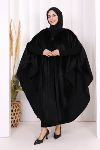 Foks Kumaş Kapşonlu Panço 70130 Siyah - 2