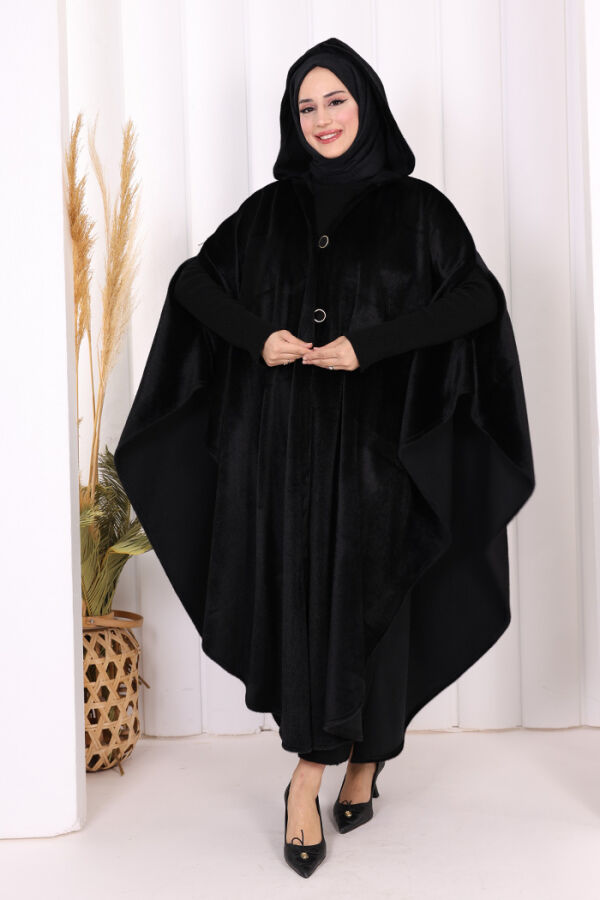 Foks Kumaş Kapşonlu Panço 70130 Siyah - 3