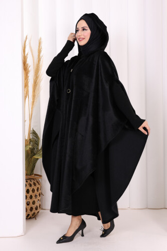 Foks Kumaş Kapşonlu Panço 70130 Siyah - 4