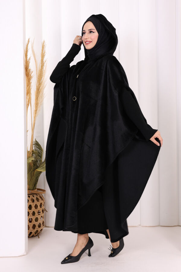 Foks Kumaş Kapşonlu Panço 70130 Siyah - 4