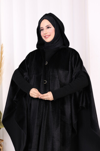 Foks Kumaş Kapşonlu Panço 70130 Siyah - 6