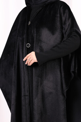 Foks Kumaş Kapşonlu Panço 70130 Siyah - 7