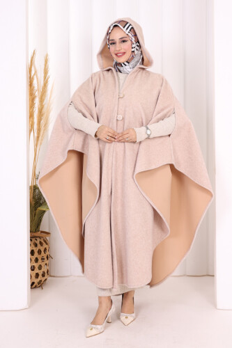 Foks Kumaş Kapşonlu Panço 70130 Somon